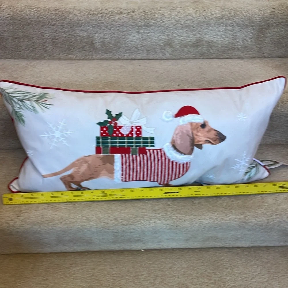 Long feather dachshund holiday themed pillow with handcrafted details.